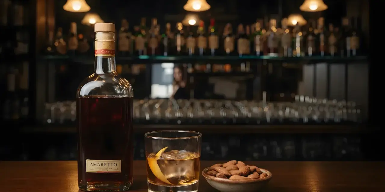 Butelka amaretto, szklanka z lodem i skórką pomarańczy, miseczka migdałów. Idealne połączenie, by dowiedzieć się, amaretto co to.