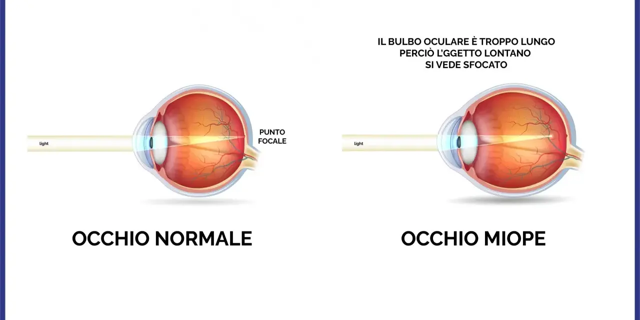 Confronto tra occhio normale e occhio miope. La miopia d'indice è causata da un bulbo oculare troppo lungo, che sfoca gli oggetti lontani.
