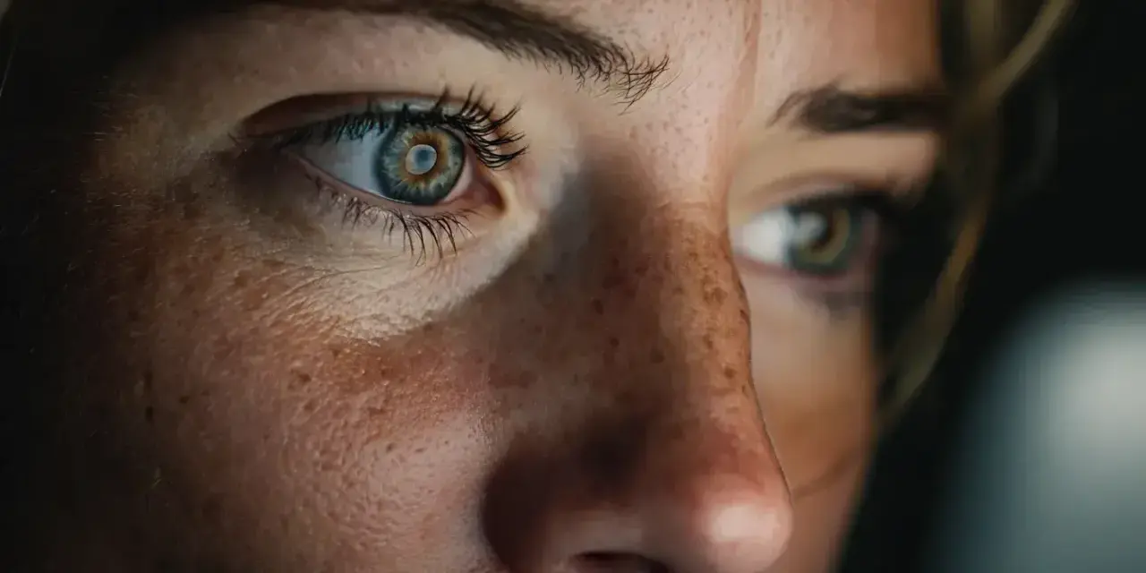 Gros plan sur les yeux d'une femme, révélant la beauté de sa peau tachetée. L'astaxanthine bienfaits pour une peau éclatante.