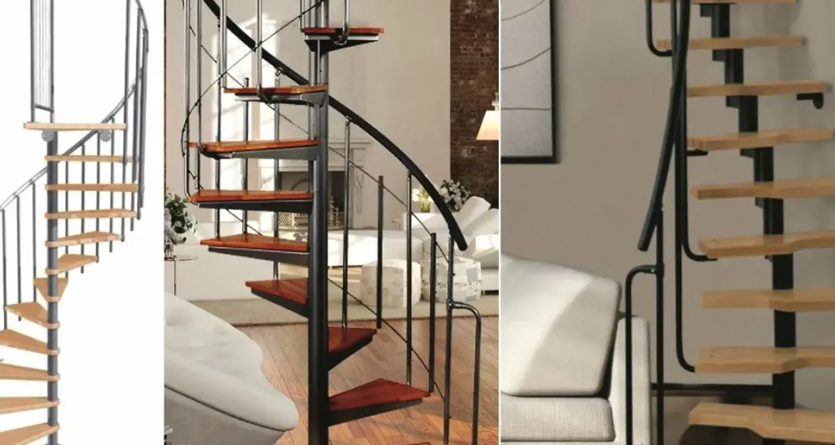 Eleganckie schody kręcone z drewnianymi stopniami i metalową balustradą, idealne jako wejście na poddasze użytkowe.