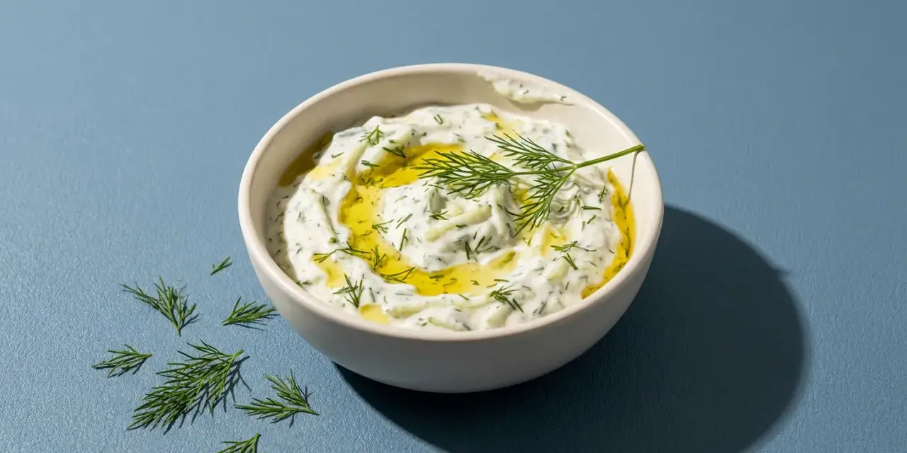 Schüssel mit cremigem Tzatziki, garniert mit Olivenöl und Dill. Perfekt für Ihr nächstes Tzatziki Rezept.