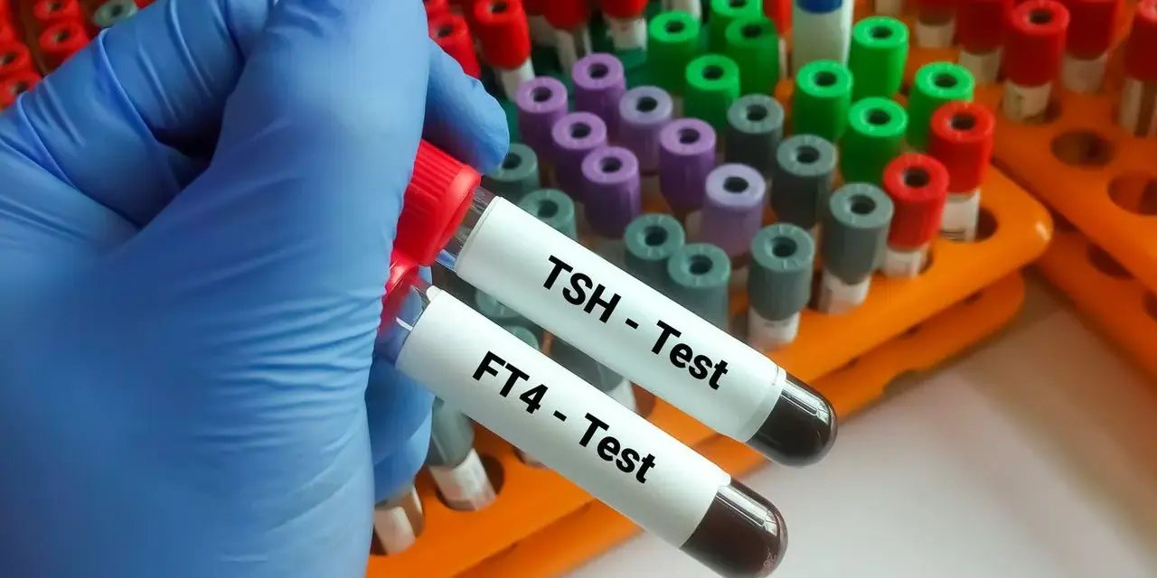 Ręka w niebieskiej rękawiczce trzyma probówki z oznaczeniami TSH i FT4 - Test. To kluczowe badania do oceny funkcji tarczycy.