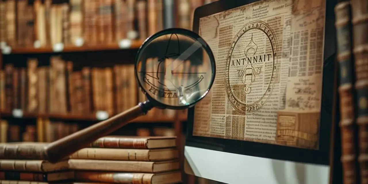 Loupe sur un écran affichant des documents anciens, évoquant la recherche de généalogie italienne gratuite en ligne parmi des livres d'histoire.