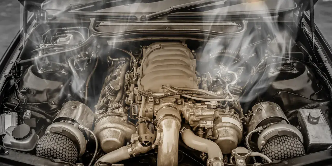 Smoke billows from a car's engine bay, indicating an engine overheating issue. The complex machinery sits idle, a testament to potential mechanical trouble.