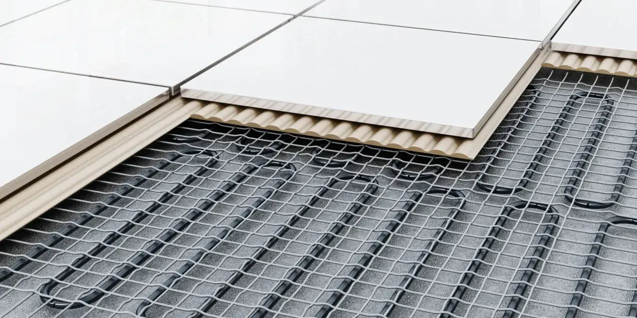 Coupe d'un sol carrelé montrant le système de chauffage au sol : câbles chauffants sous une couche isolante et un support, puis les carreaux.
