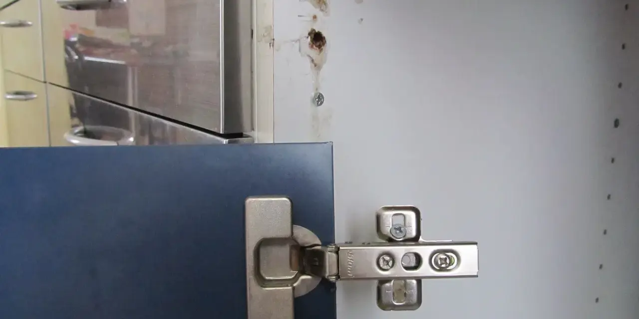 Cerniera di un mobile blu fissata con viti. Vicino, un foro nel legno indica come avvitare una vite che gira a vuoto nel legno.