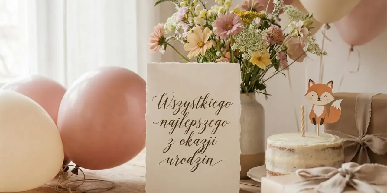 Uroczy tort z liskiem, balony i bukiet kwiatów. Idealne na śmieszne życzenia urodzinowe dla wnuczki!