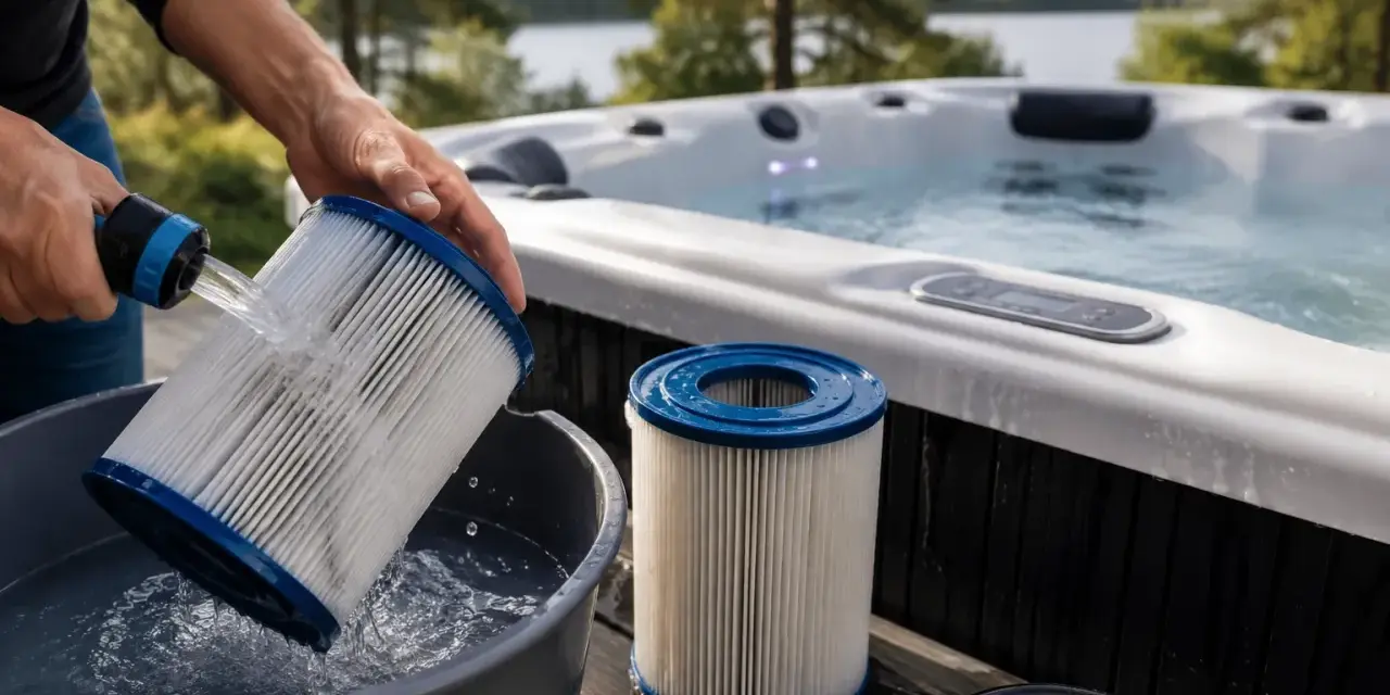Rengöring av spabadets filter för att ta bort kalk på plast. En person spolar ett filter med vatten i en hink bredvid ett uppvärmt spabad.