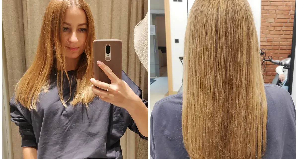 Długie włosy cięcie V. Po lewej dziewczyna robi selfie, po prawej widać efekt cięcia z tyłu.