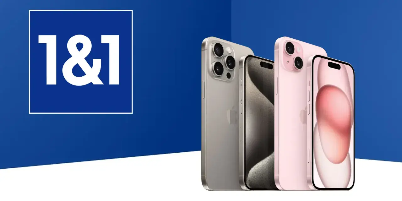 1&1 Logo neben iPhones in Silber und Rosa auf blauem Hintergrund.