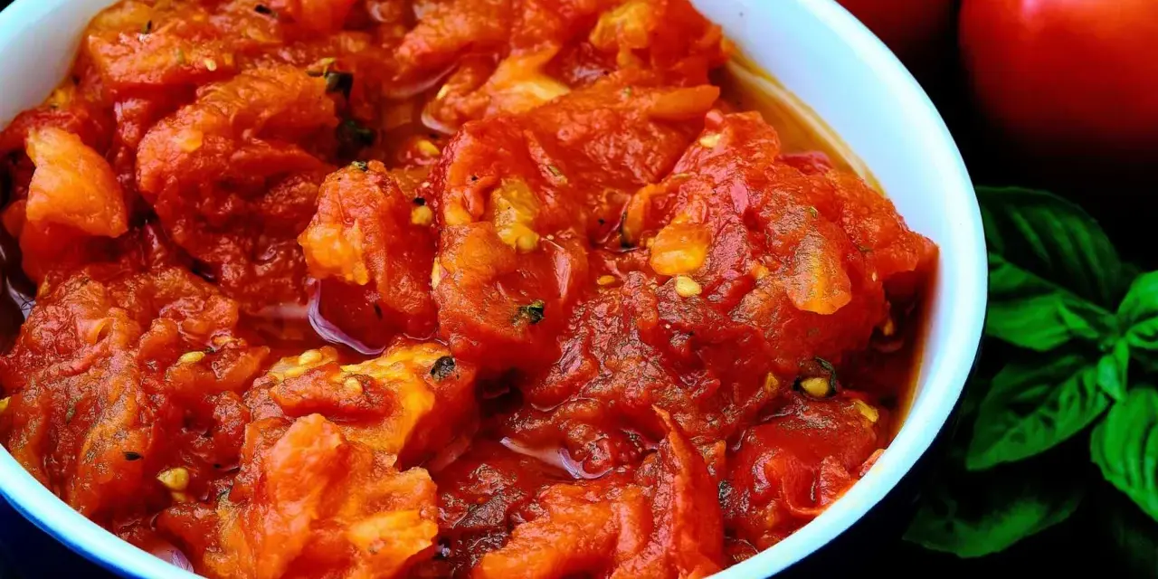 Un tazón de tomates picados, jugosos y vibrantes, con un toque de albahaca fresca y dos tomates enteros al fondo. Un bonito con tomate listo para disfrutar.