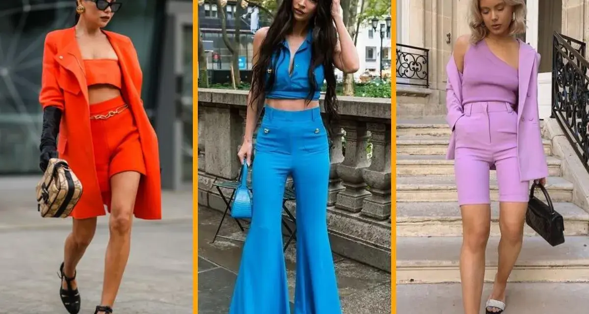 Tres mujeres lucen atuendos vibrantes, capturando los **colores del verano**: naranja, azul eléctrico y lavanda.