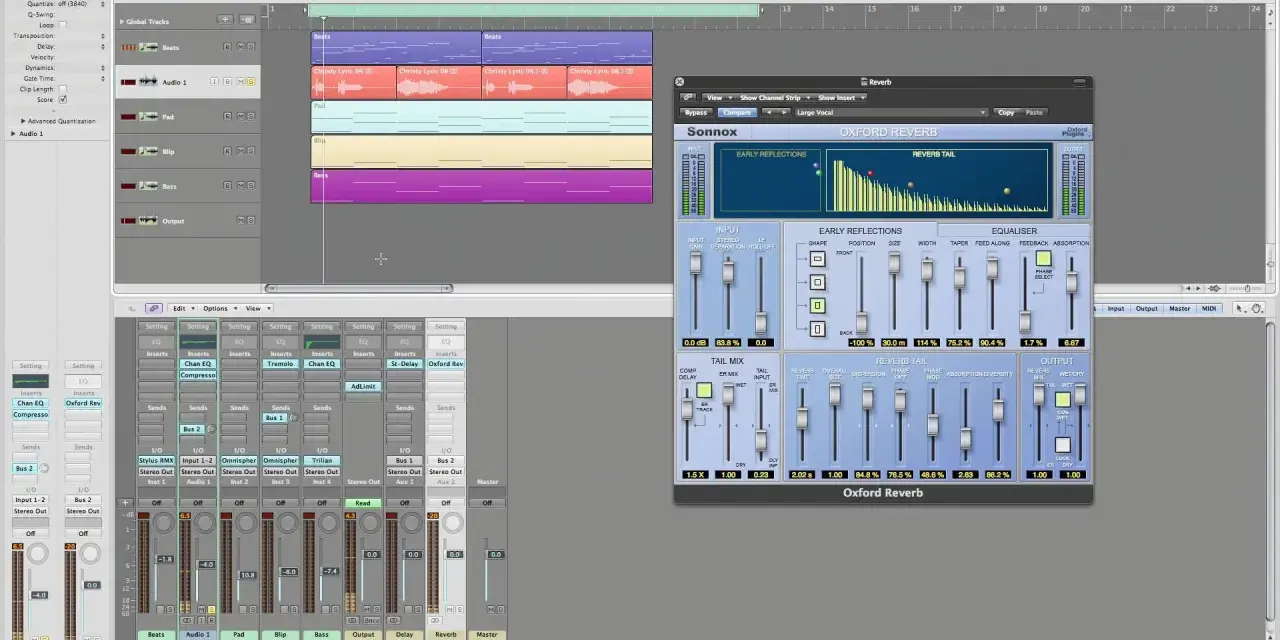 Wtyczka Oxford Reverb w Logic Pro. Widzimy ustawienia pogłosu, co to jest reverb i jak go używać w miksie.