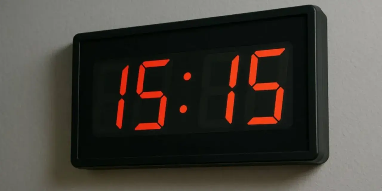 Zegar cyfrowy pokazuje godzinę 15:15. To idealny moment na przerwę, a 1515 znaczenie tej godziny może być symbolem równowagi i harmonii.