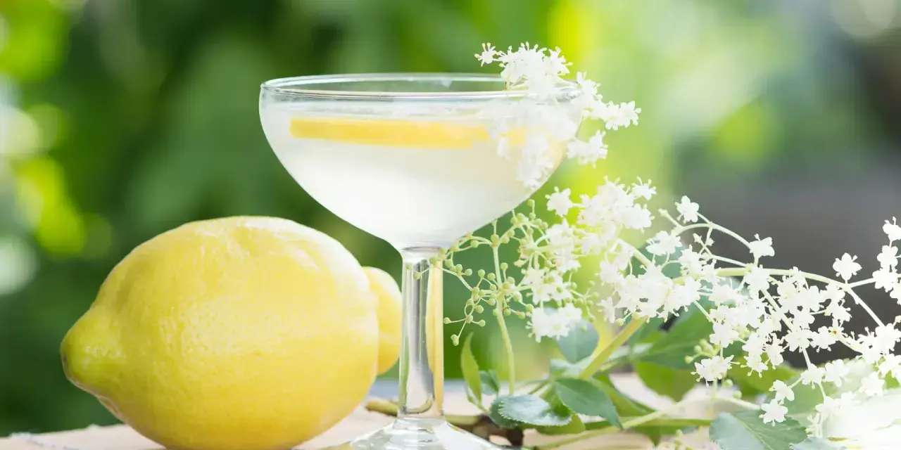 En st Germain spritz med citron och fläderblommor, perfekt för en solig sommardag.
