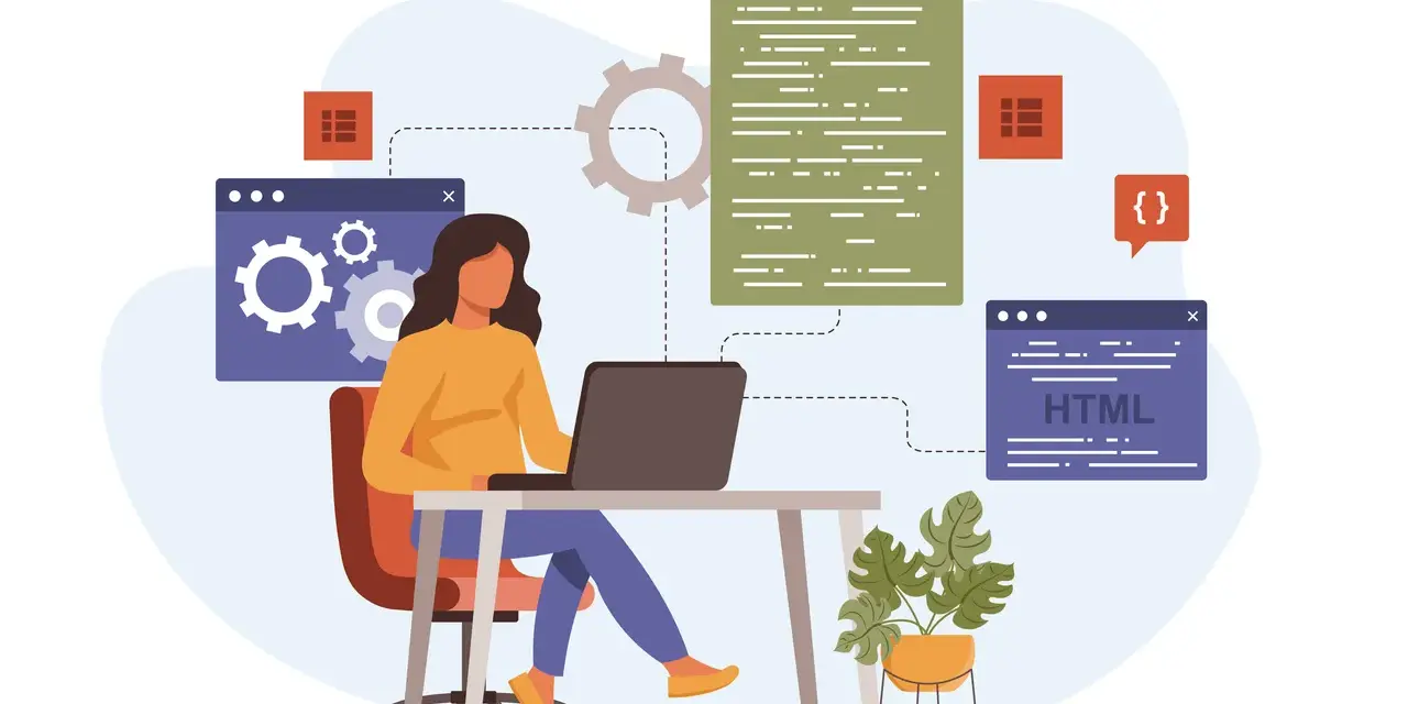 Kobieta przy biurku uczy się, jak zostać programistą, analizując kod na ekranie laptopa i okna z HTML.