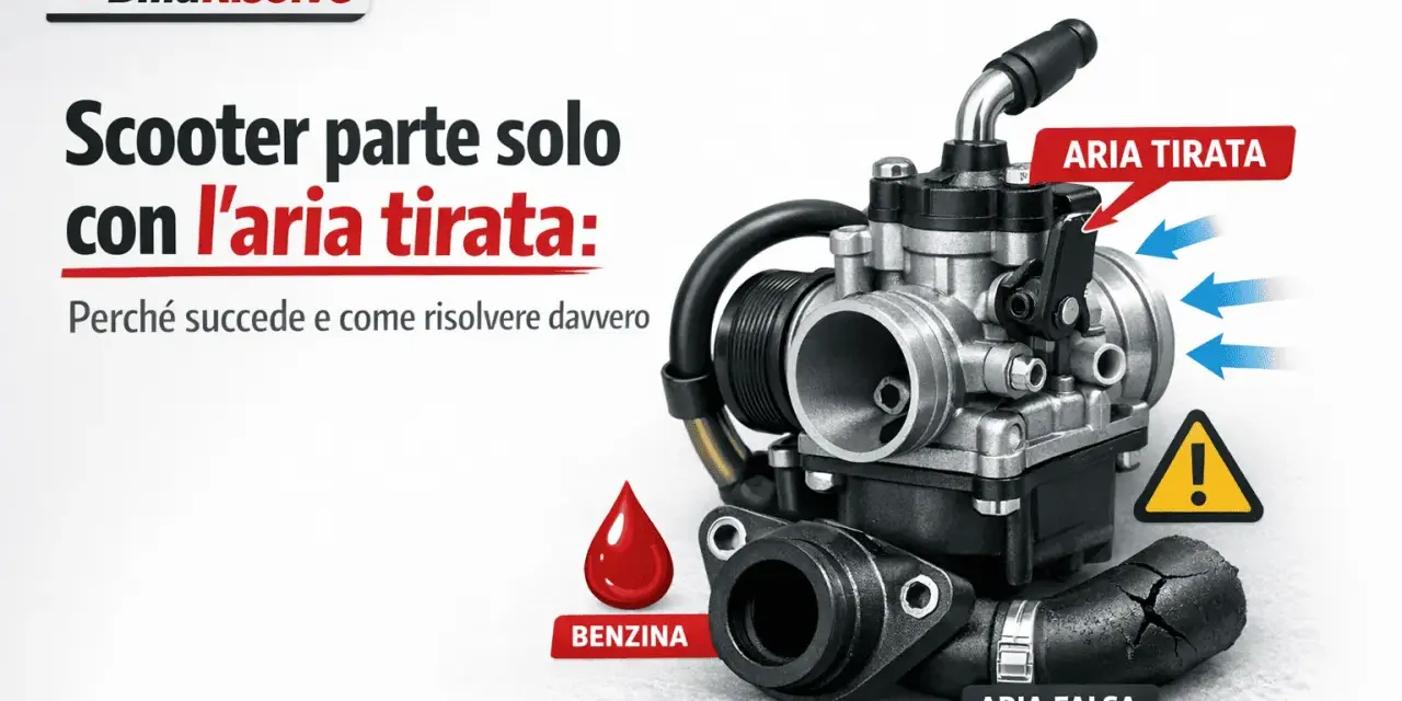 Carburatore di un motore termico benzina, con indicazioni su aria tirata, benzina e aria falsa.