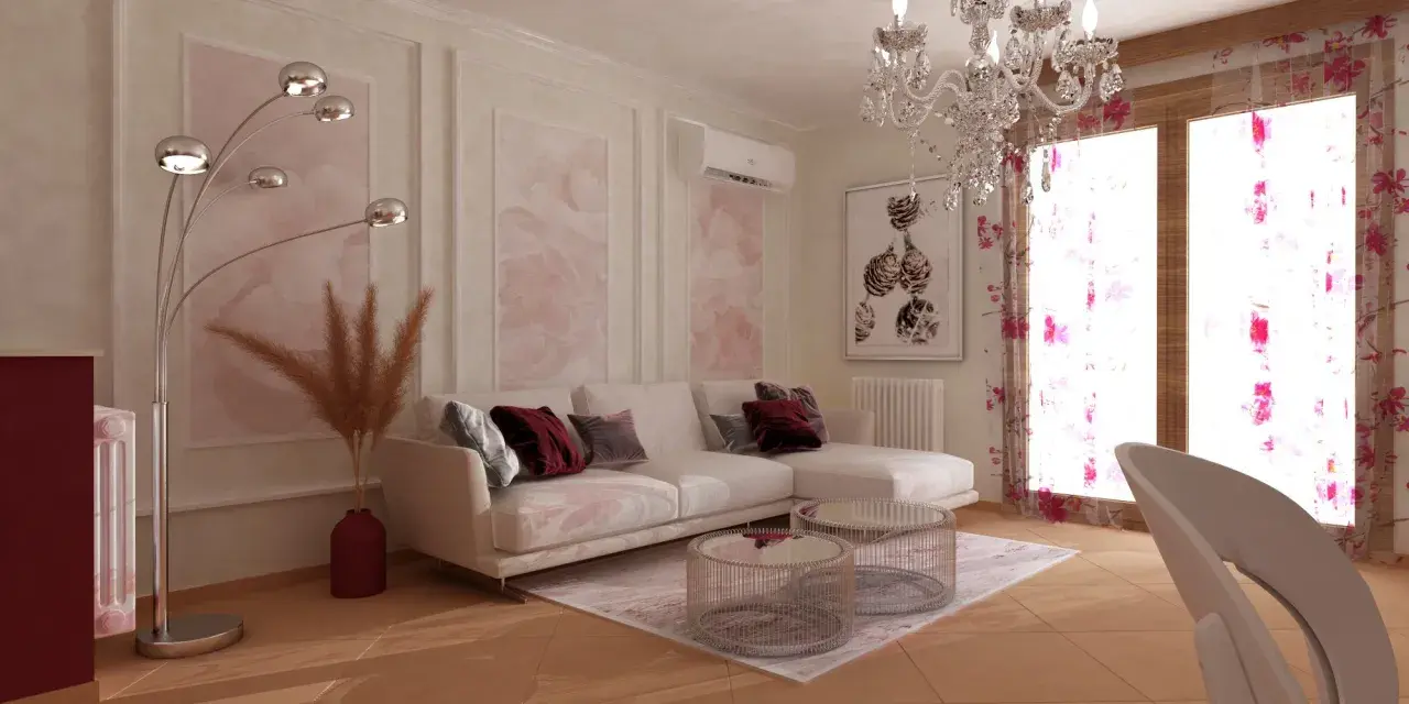 Salotto elegante con divano bianco, tappeto rosa antico, lampadario scintillante e tende floreali.