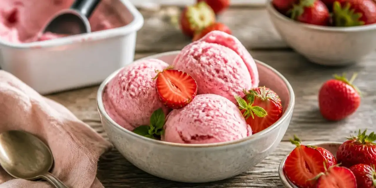 Schneebälle aus schnellem Erdbeereis, garniert mit frischen Erdbeeren und Minze, auf einem Holztisch.