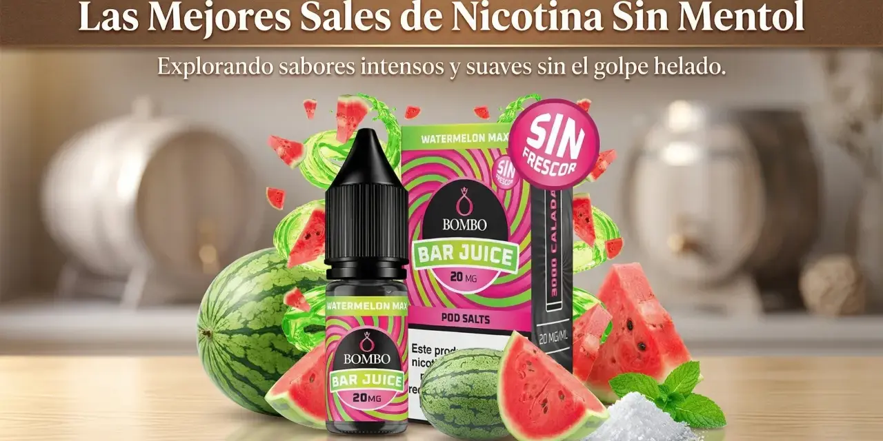 Botella de e-líquido Bombo Bar Juice Watermelon Max con 20 mg de nicotina, rodeada de sandía y menta. ¡20 mg de nicotina es mucho!