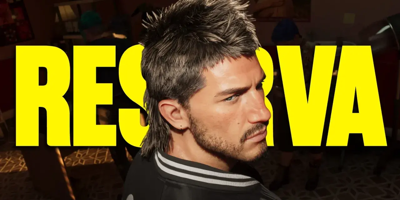 Un hombre con un peinado mullet mira de reojo, con letras amarillas gigantes detrás que dicen "RESERVA". ¡Noticias de GTA 6 que te dejarán sin aliento!