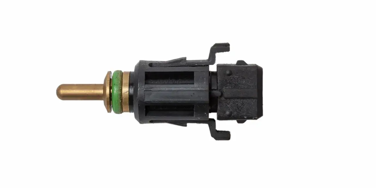A brass probe with green seals connects to a black plastic connector, part of an ect sensor.