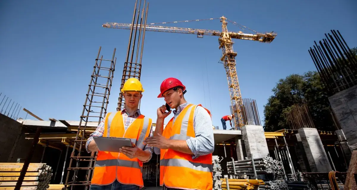 Dwóch budowlańców w kamizelkach odblaskowych omawia projekt na placu budowy. Jeden z nich trzyma tablet, drugi rozmawia przez telefon. W tle widać dźwig i zbrojenia, co sugeruje, że posiadają odpowiednie uprawnienia UDT.