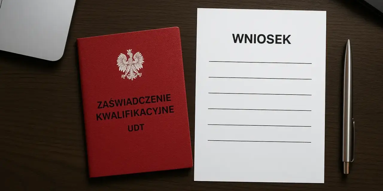 Czerwona książeczka z orłem i napisem "Zaświadczenie Kwalifikacyjne UDT" obok formularza "Wniosek" i długopisu. Przygotowanie do złożenia wniosku o przedłużenie uprawnień UDT online.