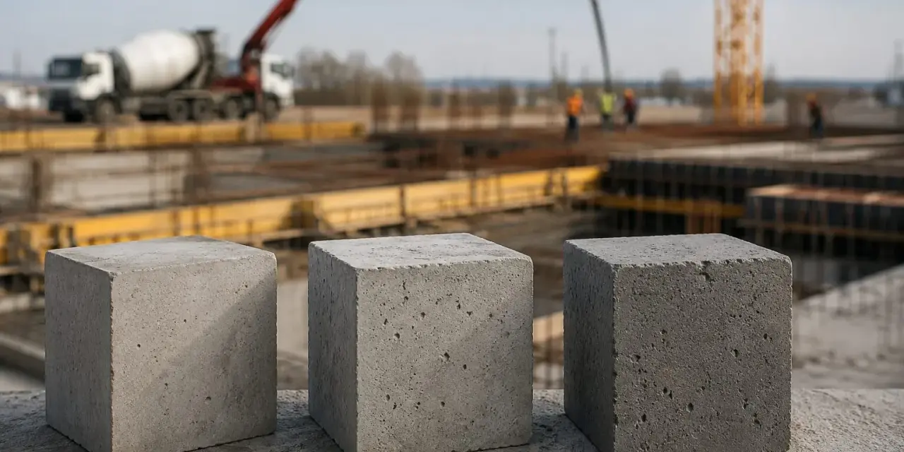 Trzy betonowe kostki, symbolizujące beton C30/37 proporcje, na tle budowy z betoniarką i dźwigiem.