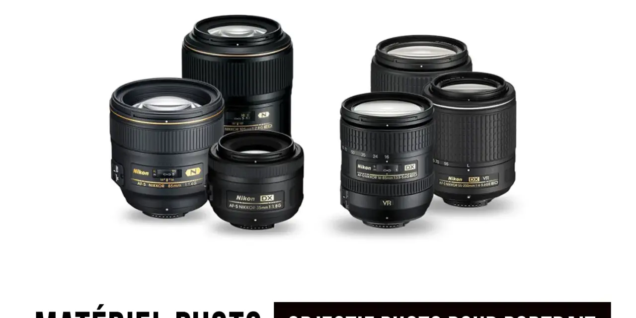 Plusieurs objectifs Nikon, dont un objectif photo pour portrait, sont présentés sur fond blanc.