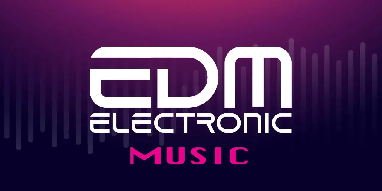 Logo mit "EDM ELECTRONIC MUSIC" in Weiß und Pink vor einem lila Hintergrund mit vertikalen Linien.