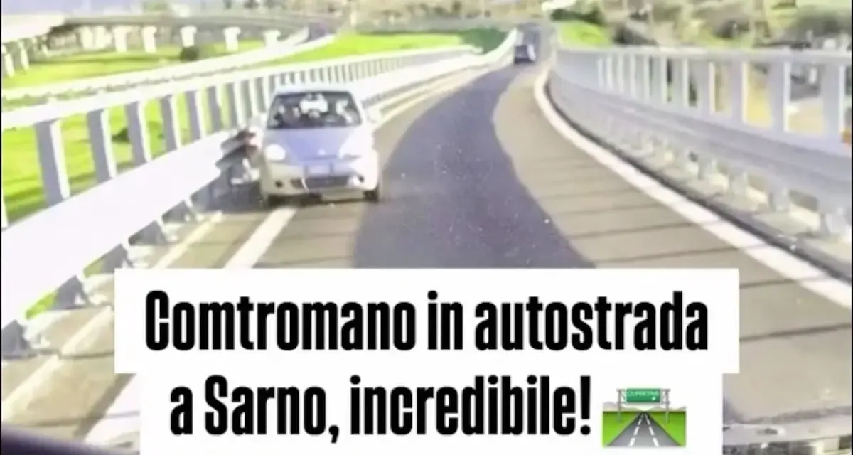 Un'auto contromano in autostrada a Sarno, un comportamento pericoloso che viola l'art. 143 CDS.
