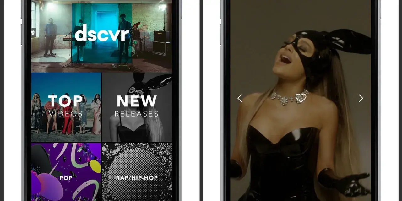 Zwei Smartphones zeigen die App "dscvr". Links eine Übersicht mit "Top Videos", "New Releases", "Pop" und "Rap/Hip-Hop". Rechts Ariana Grande in "Dangerous Woman". Vevo ist eine Musikplattform.