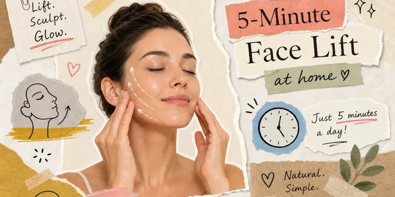 Woman performing a 5-minute face lifting massage at home for a natural glow.