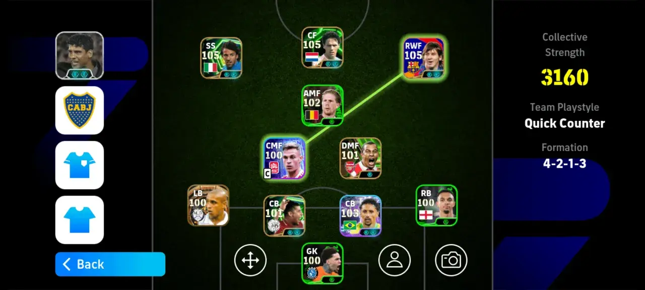 Formación 4-2-1-3 en efootball 2025, con jugadores como Messi y Roberto Carlos.