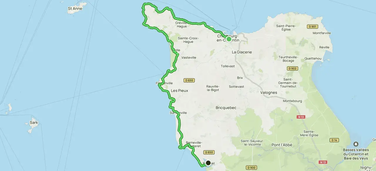Carte du sentier des douaniers du Cotentin, longeant la côte de Goury à Barneville-Carteret, passant par Cherbourg.