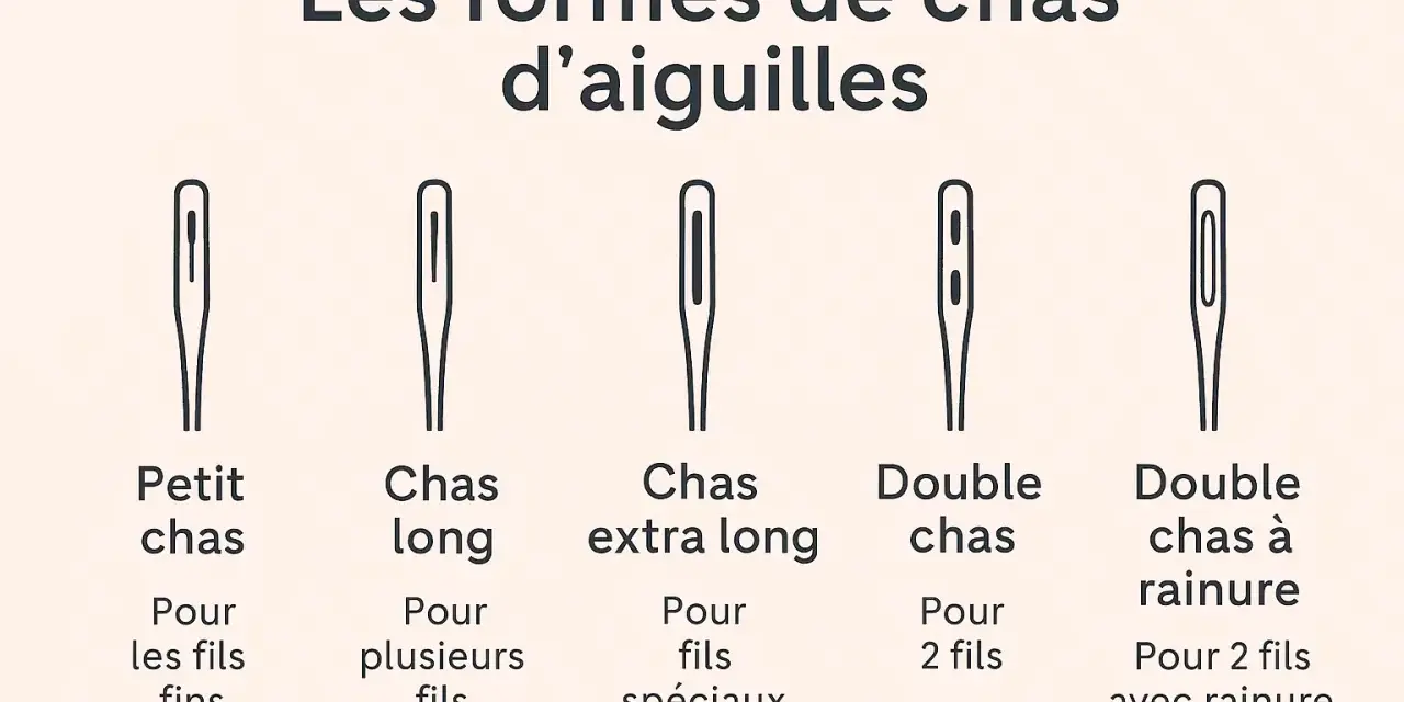 Illustration des différentes formes de chas d'aiguilles à main : petit chas, chas long, chas extra long, double chas et double chas à rainure, pour divers usages de fils.
