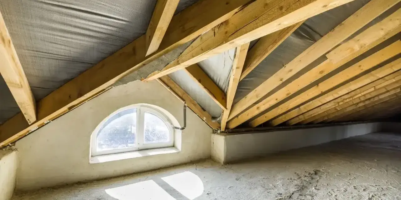 Poddasze w trakcie budowy, widoczne drewniane krokwie o kącie nachylenia dachu 30 stopni, okno łukowe i betonowa podłoga.