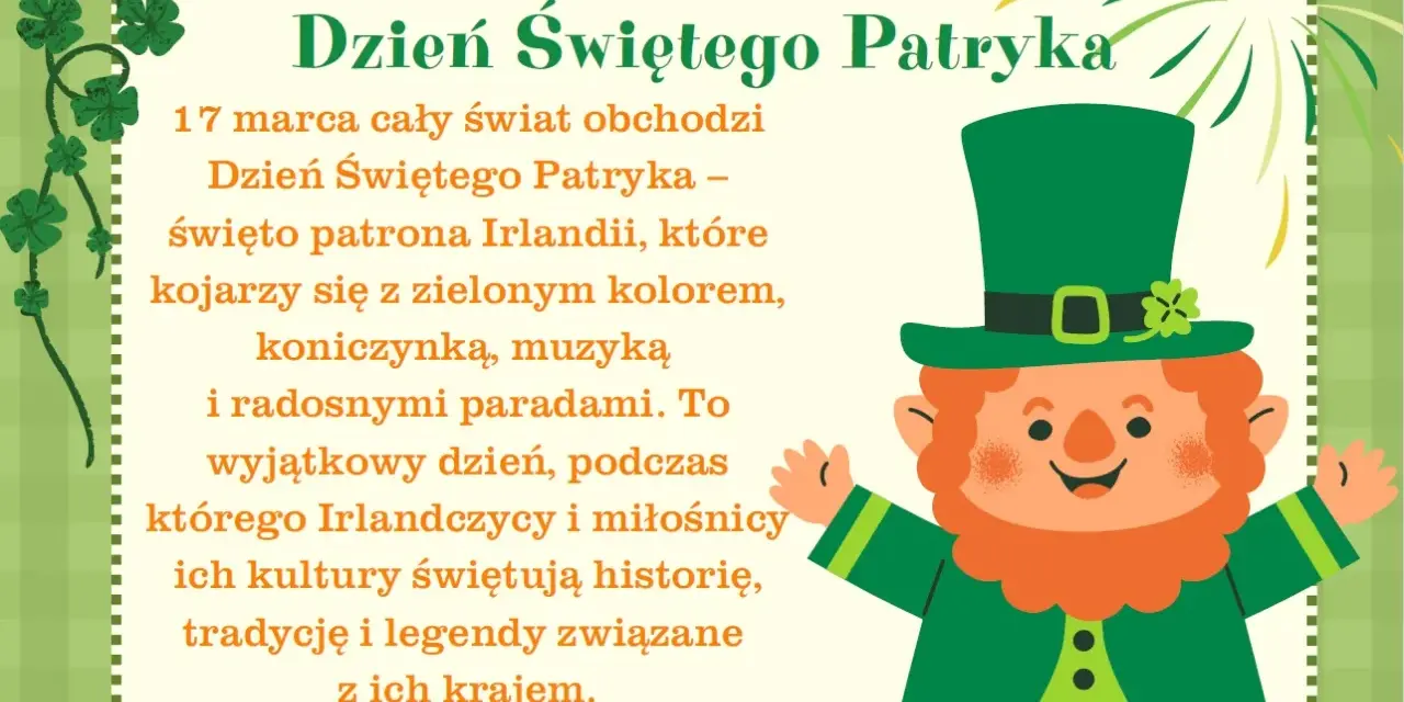 Uroczy skrzat w zielonym kapeluszu świętuje Dzień Świętego Patryka, patrona Irlandii. Obrazek nawiązuje do legend i tradycji tego kraju.