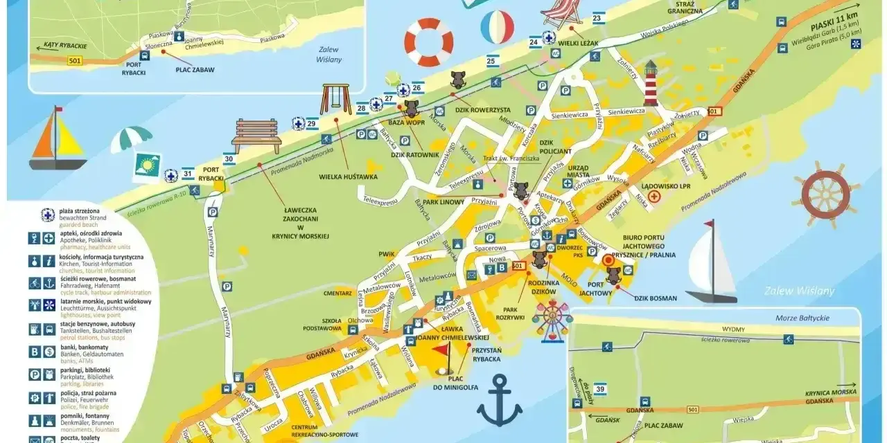 Mapa Krynicy Morskiej z zaznaczoną trasą rowerową i atrakcjami. Odkryj krynica morska trasę i zaplanuj wycieczkę.