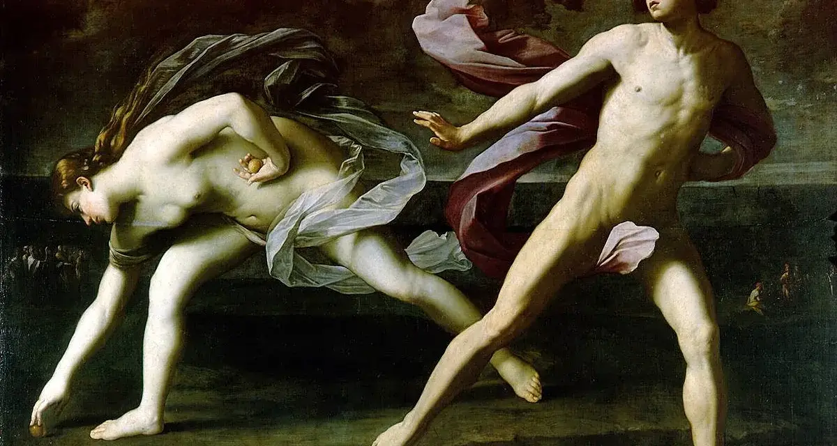 Pintura del barroco: Atalanta y Hipómenes compiten en una carrera, él usa manzanas doradas para distraerla.