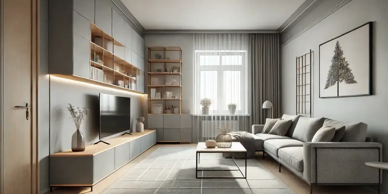 Nowoczesny salon z szarymi i drewnianymi meblami. Subtelne kolory ścian tworzą spokojną atmosferę.