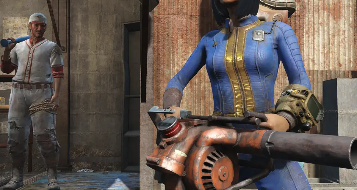 Una mujer con traje azul y un hombre con uniforme de béisbol, listos para la acción en Fallout London.