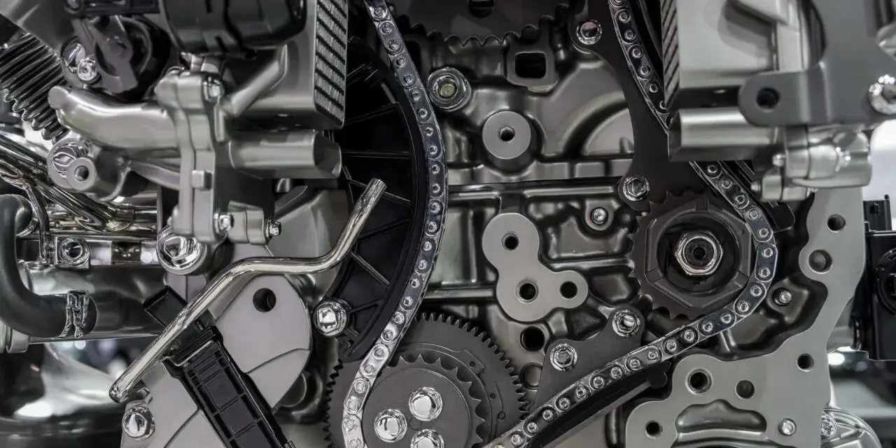 Dettaglio di un motore con ingranaggi e catena di distribuzione. La catena di distribuzione non si cambia, è un elemento cruciale per il funzionamento del motore.