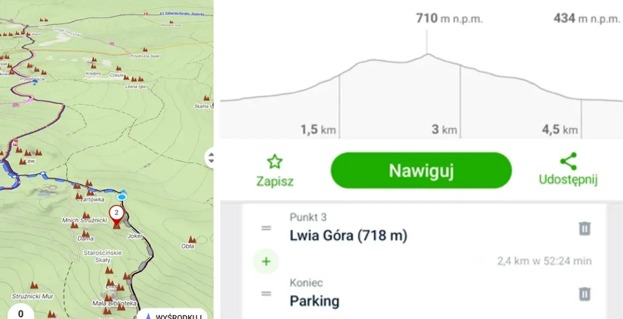 Mapa szlaku turystycznego z zaznaczoną trasą i profilem wysokościowym. Punkt docelowy to Lwia Góra (718 m).