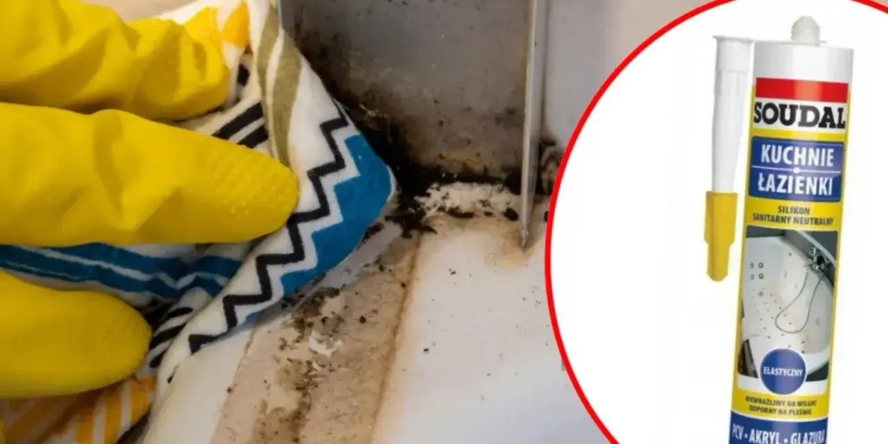 Rękawiczki i ściereczka czyszczą pleśń przy wannie. Obok tubka z napisem "Soudal Kuchnie Łazienki Silikon Sanitarny Neutralny".