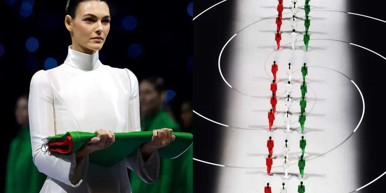 Vittoria Ceretti, con un abito bianco, tiene un fascio di bandiere tricolore. Sullo sfondo, atleti in fila con i colori italiani, un'evocazione della vittoria alle Olimpiadi.