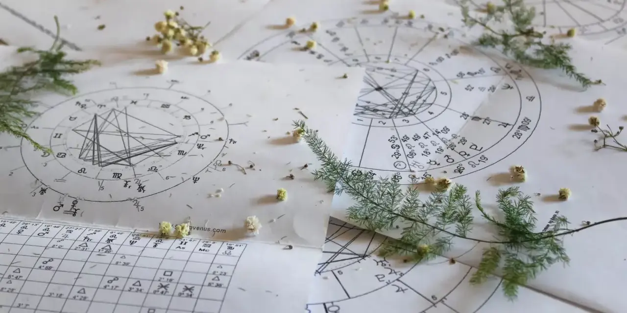 Papierowe wykresy astrologiczne, symbole i linie tworzą skomplikowany wzór. Obok leżą gałązki i drobne kwiaty, jakby ktoś chciał obliczyć horoskop wedyjski.