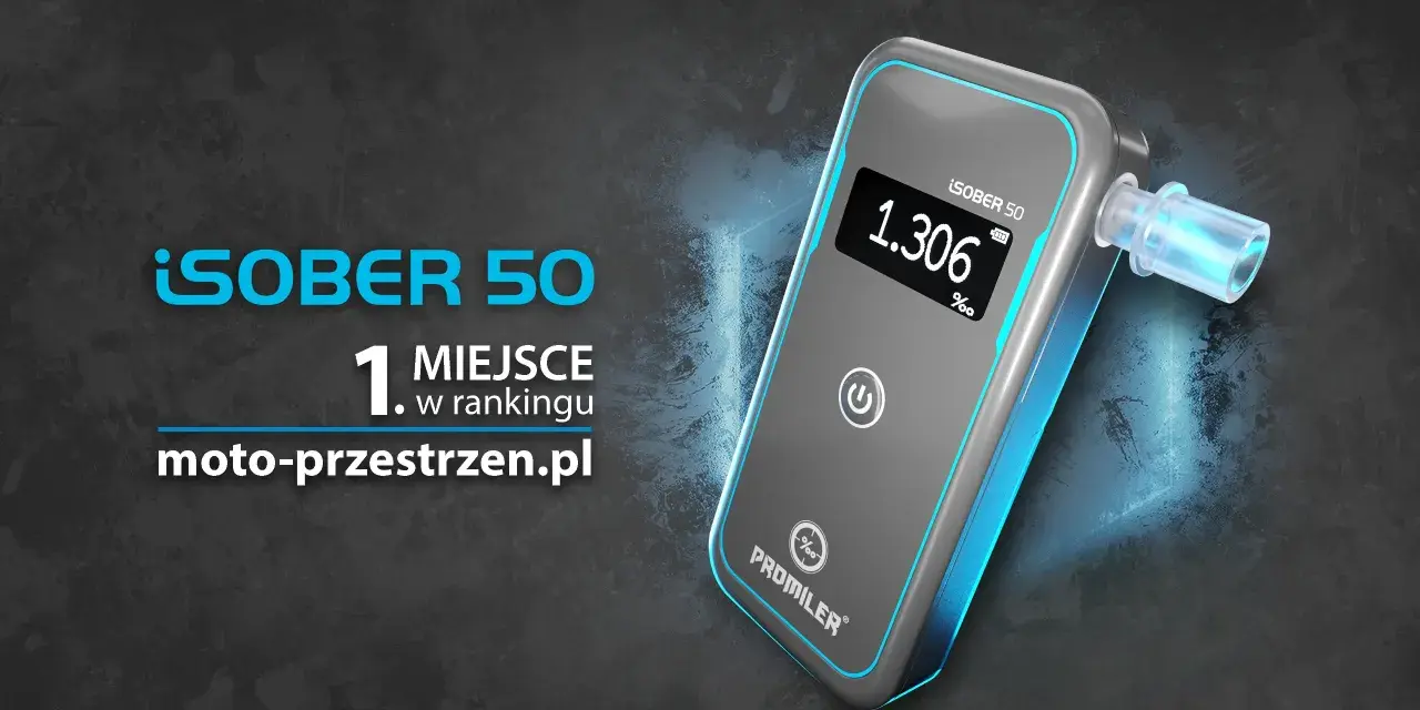 Cyfrowy alkomat Promiler iSober 50 z wyświetlaczem pokazującym 1.306‰ na tle grafiki.