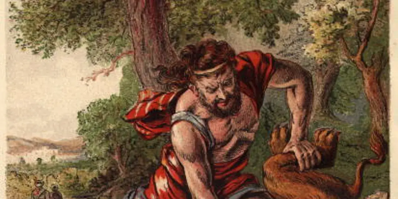 Samson, biblijny siłacz, walczy z lwem w lesie. W tle widać ludzi i krajobraz.